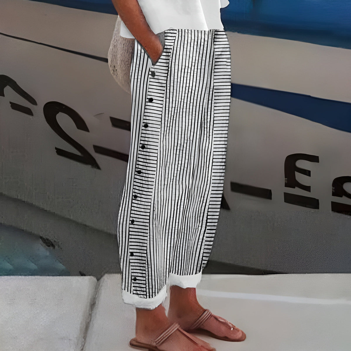 Striped High Waist Side Button Tapered Pants