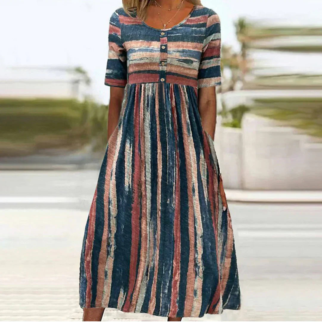 Statement Sol Midi Dress with Short Sleeves and Color Block Design Evening Wear Edit