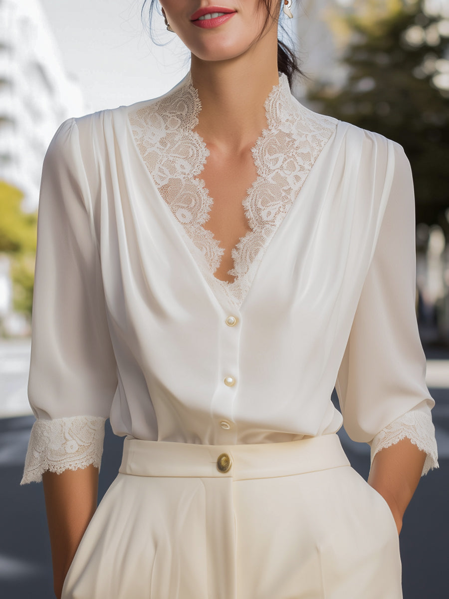 Lace Trim V-Neck Button Front Blouse