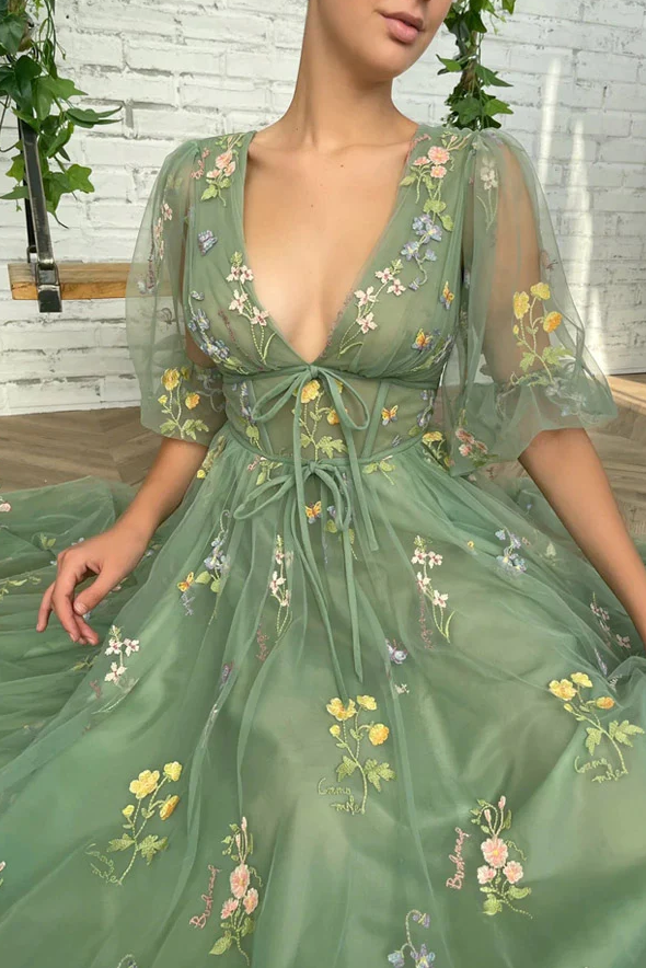 Elegant V Neck Green Tea Length Prom Dresses