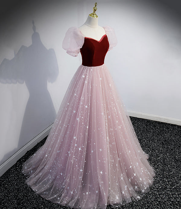 Cute pink tulle long prom dress A line evening dress