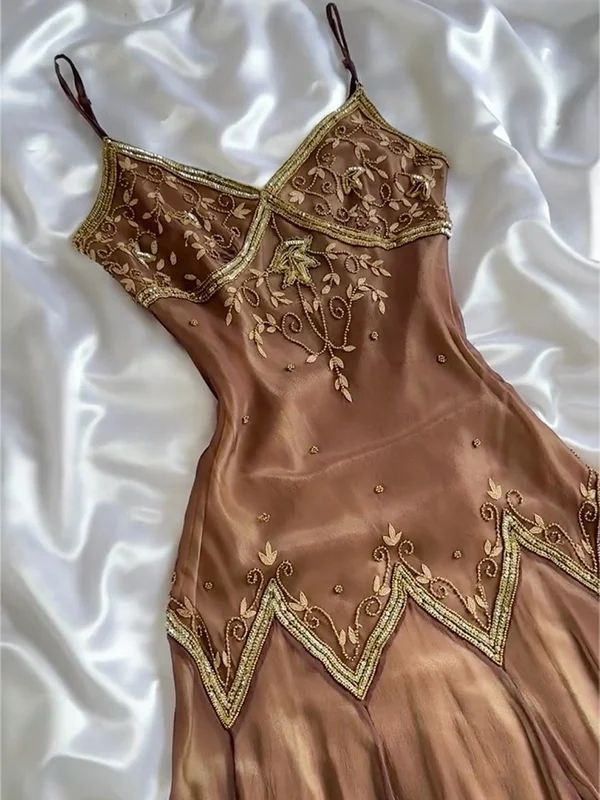 Brown Beaded Prom Dress Birthday Outfit Evening Gowns