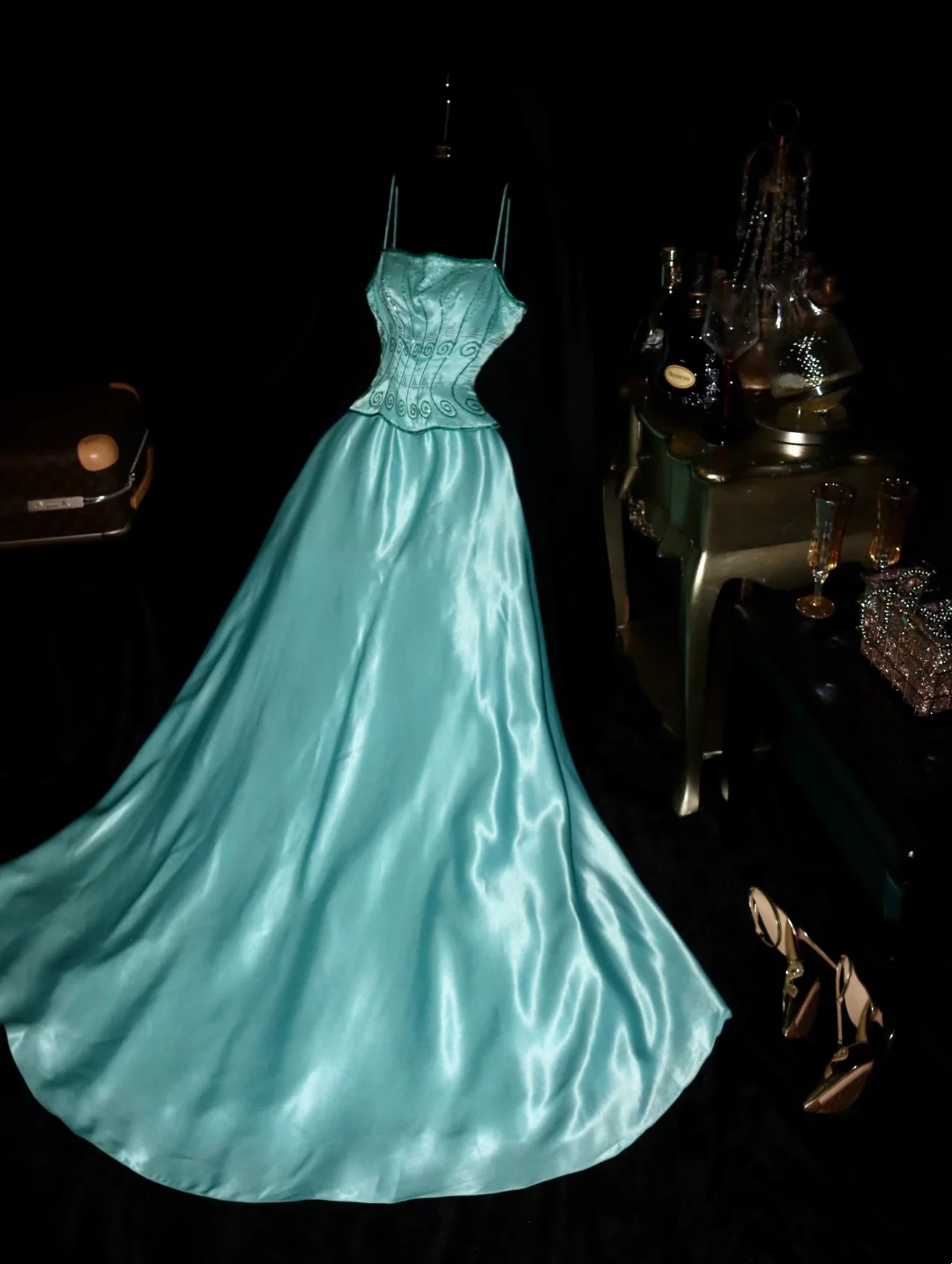 Blue Satin Long Prom Dress Beaded Vintage Birthday Outfit