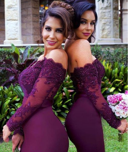 Custom Made Off Shoulder Mermaid Maroon Long Sleeves Lace Prom Dresses, Burgundy Lace Bridesmaid Dresses, Formal Dresses