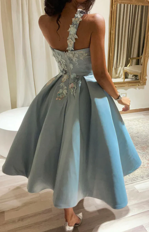 Cute satin lace short prom dress one shoulder evening dress