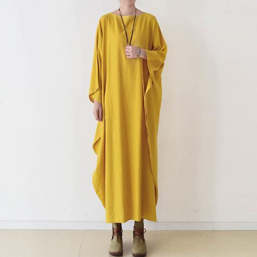 Yellow Cotton Maxi Dress Plus Size Casual Caftans Batwing Sleeve