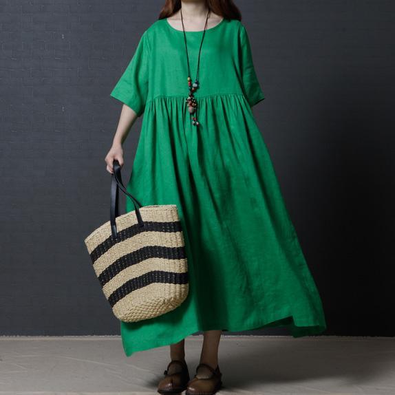 Fine Linen Green Women Summer Dresses Oversize Vintage Sundress O Neck Maxi Dress