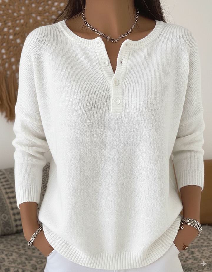 Henley Button Placket Crew Neck Long Sleeve Sweater