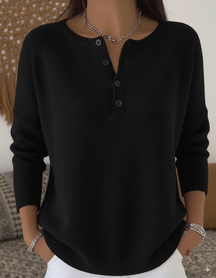 Henley Button Placket Crew Neck Long Sleeve Sweater