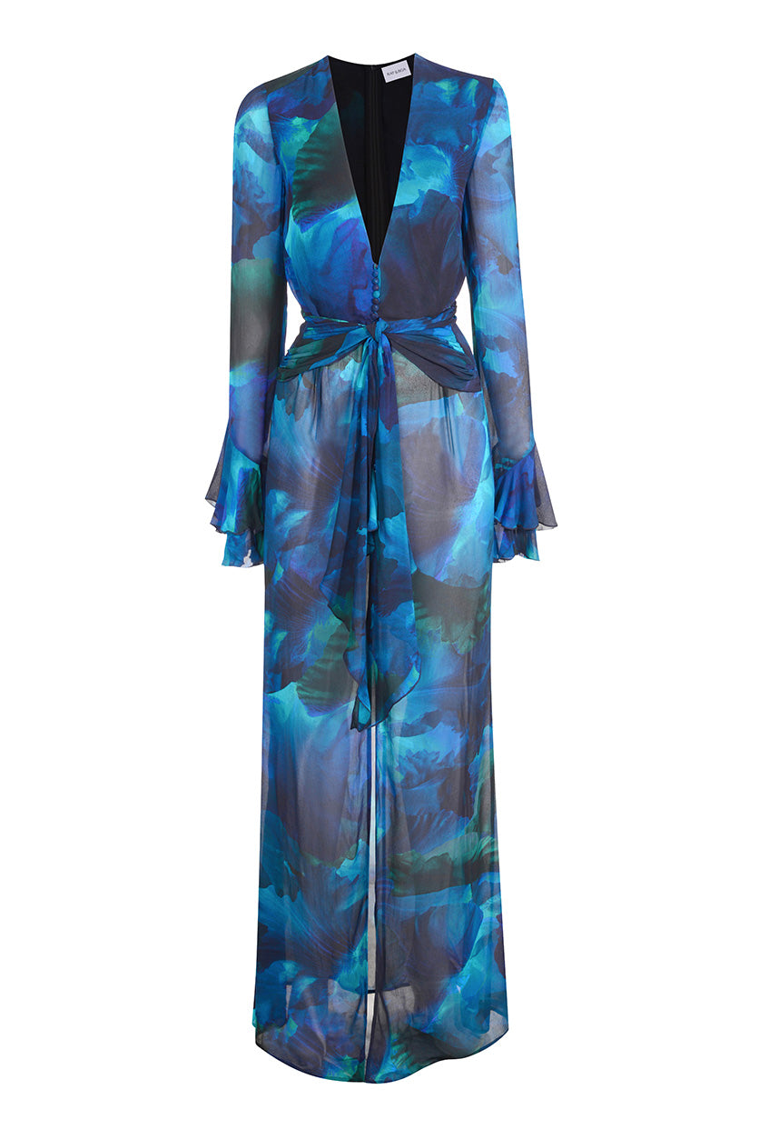 Deep V-Neck Ruffle Sleeve High Split Satin Maxi Dress 8