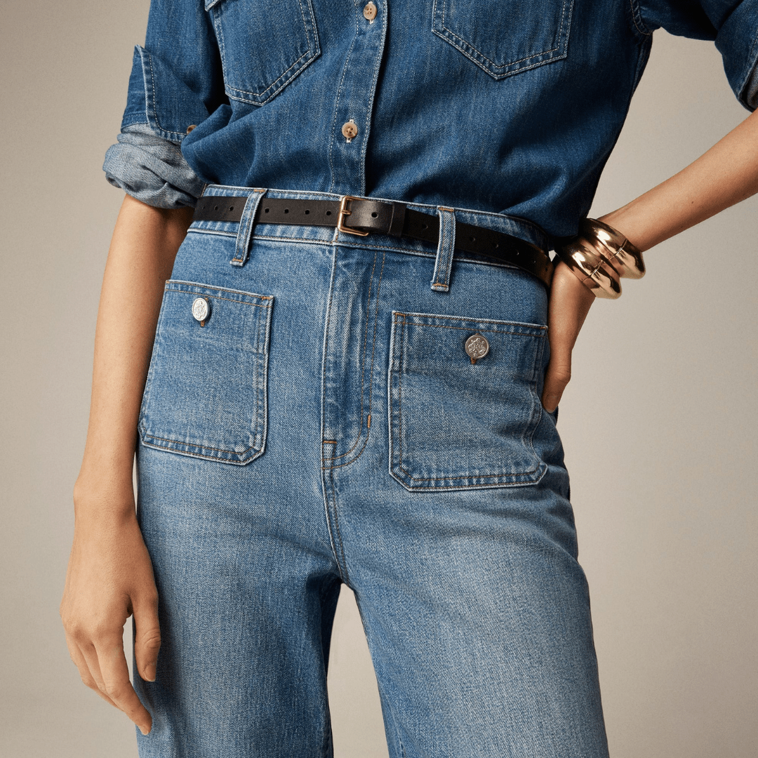 High Waist Patch Pocket Wide Leg Jeans