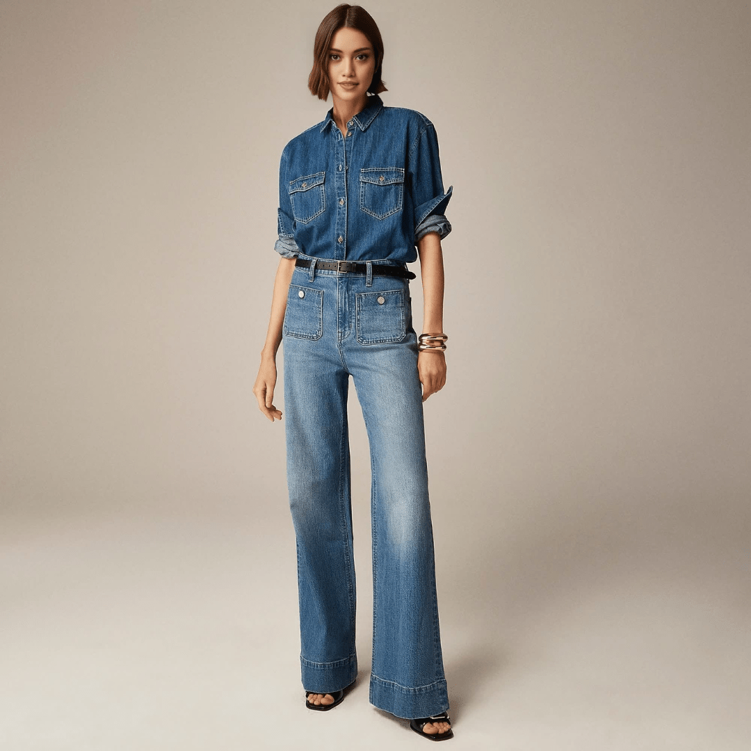High Waist Patch Pocket Wide Leg Jeans