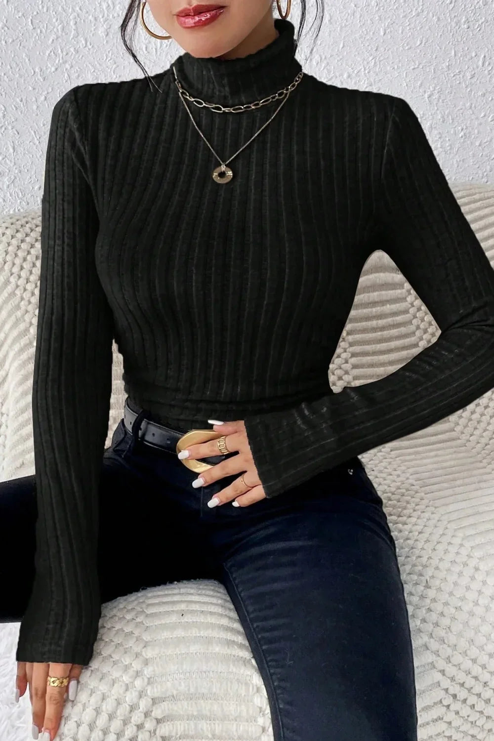 Fitted Long Sleeve Mock Neck Sweater Black / S