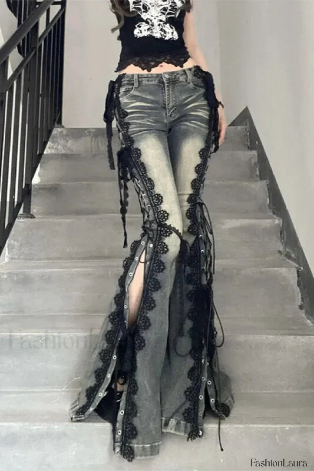 Flare Lace Bandage Denim Jeans