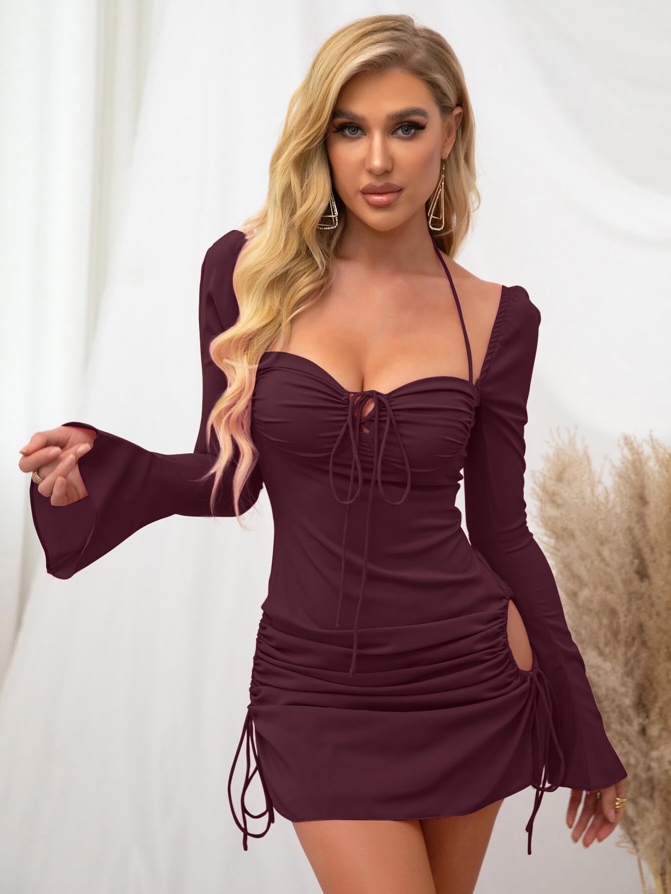 Flare Sleeve Lace Up Mini Dress - View 10