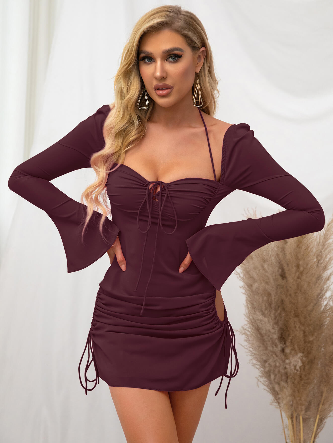 Flare Sleeve Lace Up Mini Dress - View 7