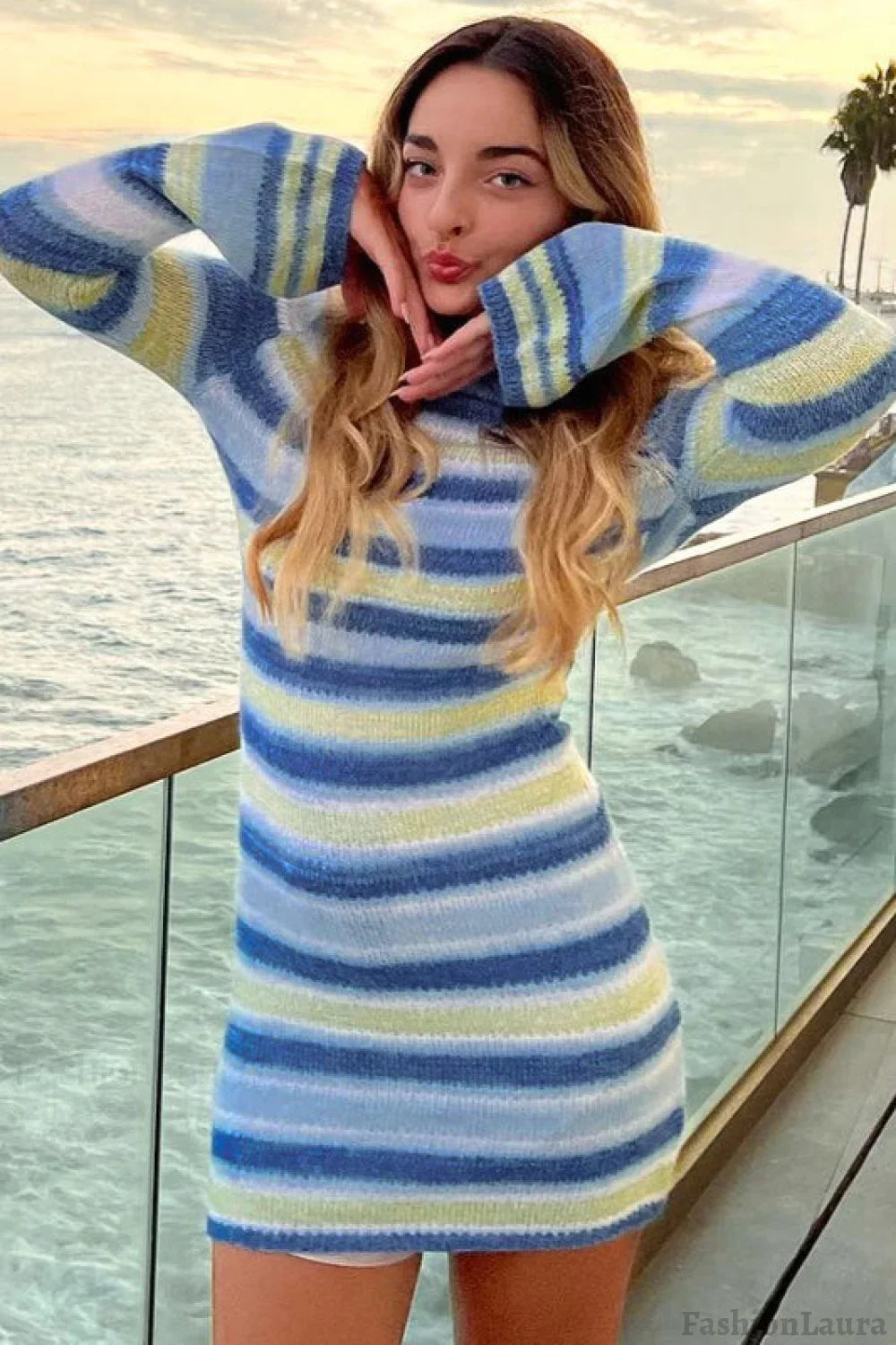 Flare Sleeve Striped Sweater Dress S / Blue