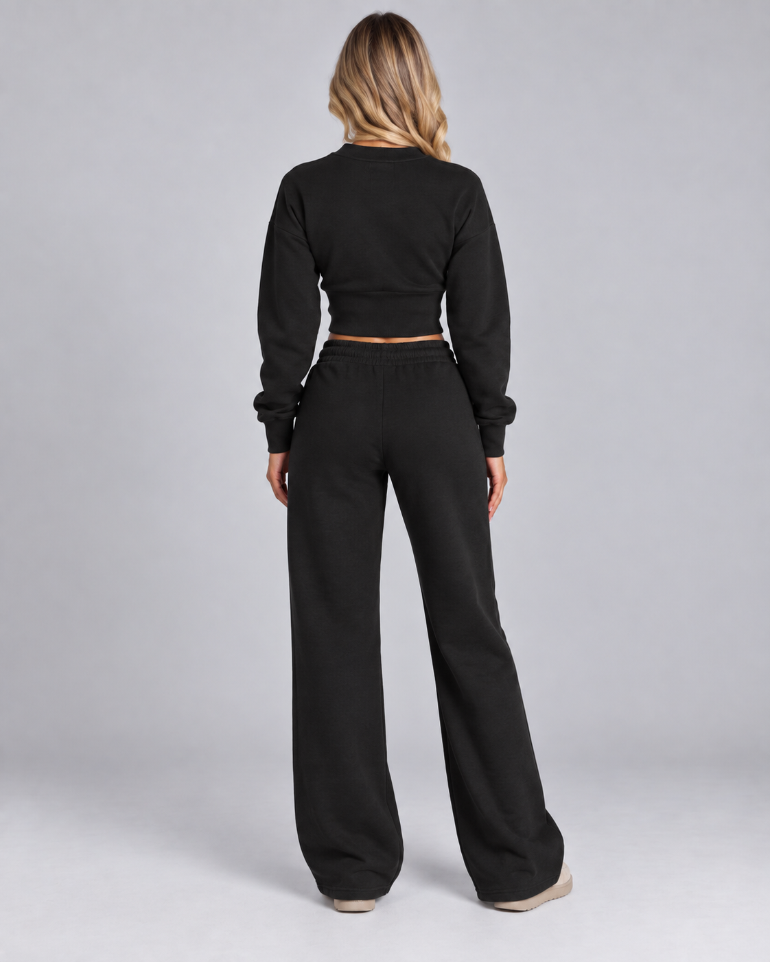 Fleece Tracksuit Set - Cropped Zip-Up Wide Leg Pants