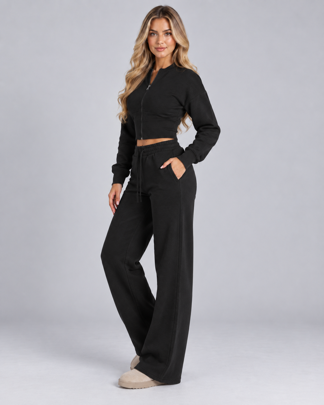 Fleece Tracksuit Set - Cropped Zip-Up Wide Leg Pants