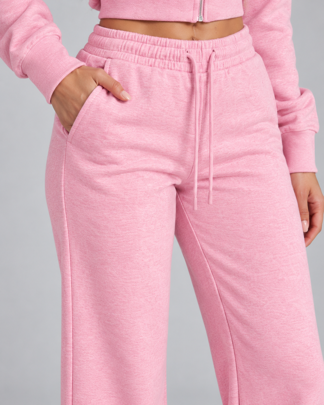 Fleece Tracksuit Set - Cropped Zip-Up Wide Leg Pants
