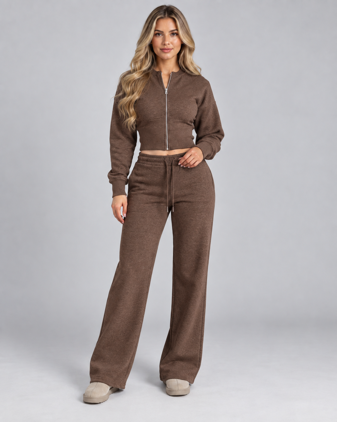 Fleece Tracksuit Set - Cropped Zip-Up Wide Leg Pants