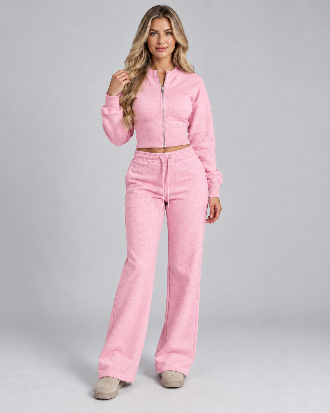 Fleece Tracksuit Set - Cropped Zip-Up Wide Leg Pants