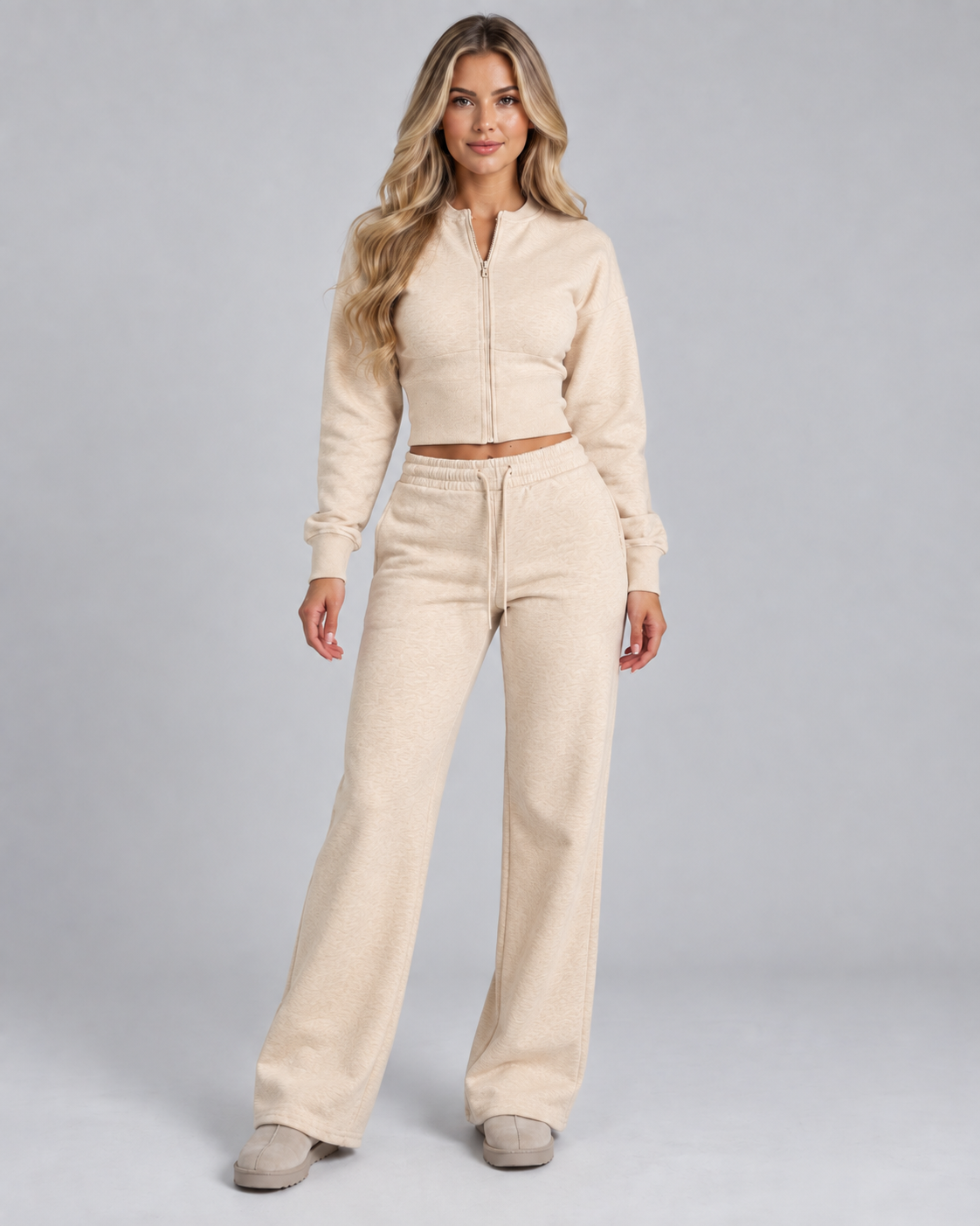 Fleece Tracksuit Set - Cropped Zip-Up Wide Leg Pants