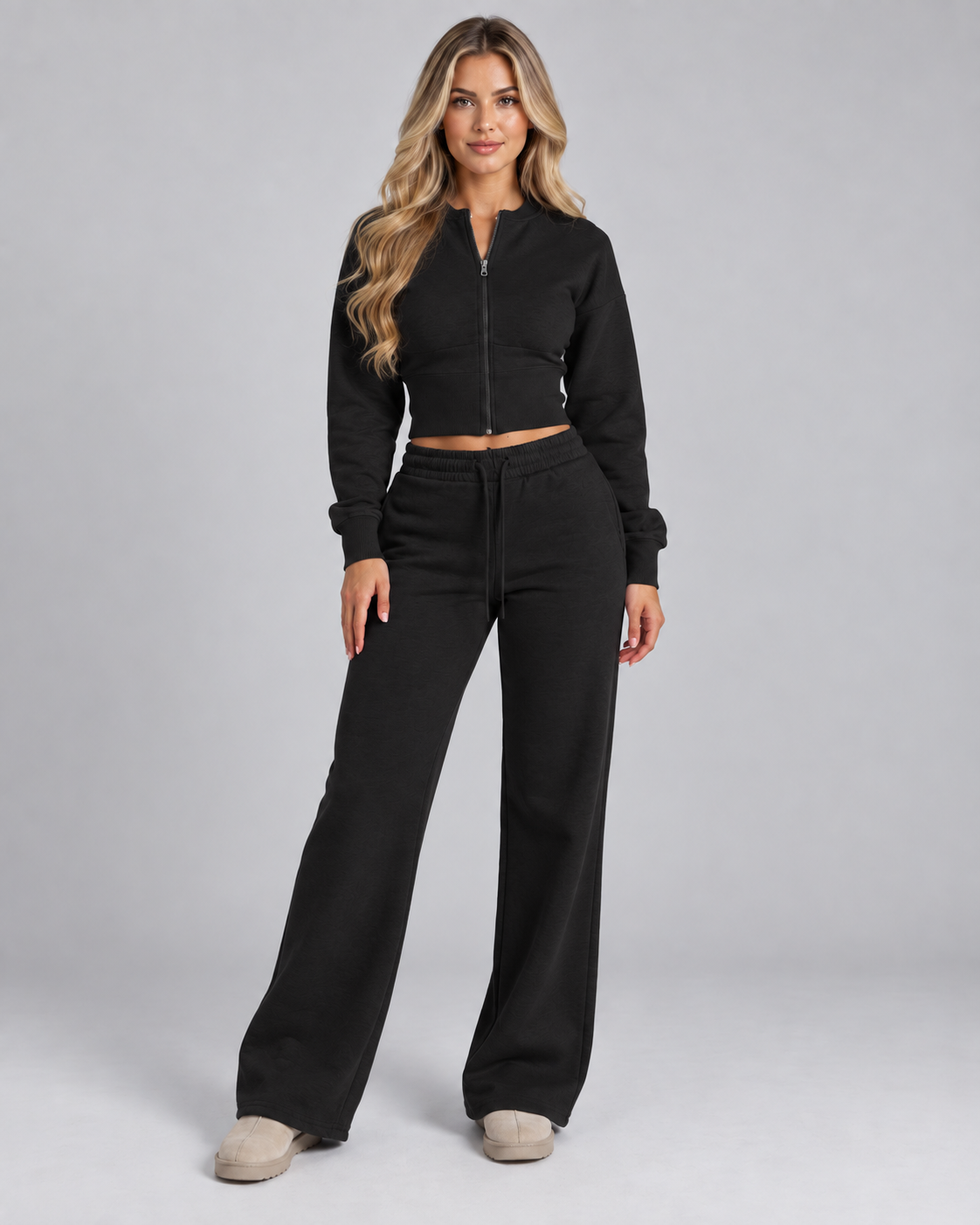 Fleece Tracksuit Set - Cropped Zip-Up Wide Leg Pants