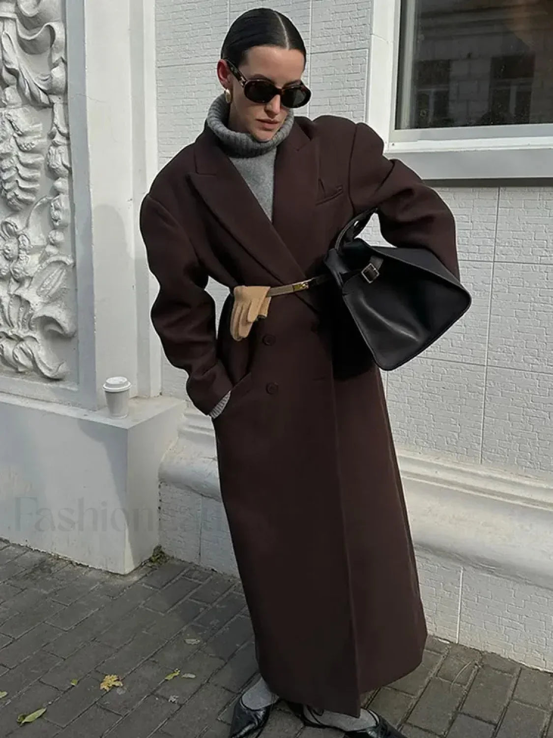 Flip Collar Double Breasted Pocket Woolen Coat Fashion Long Sleeved Overcoats