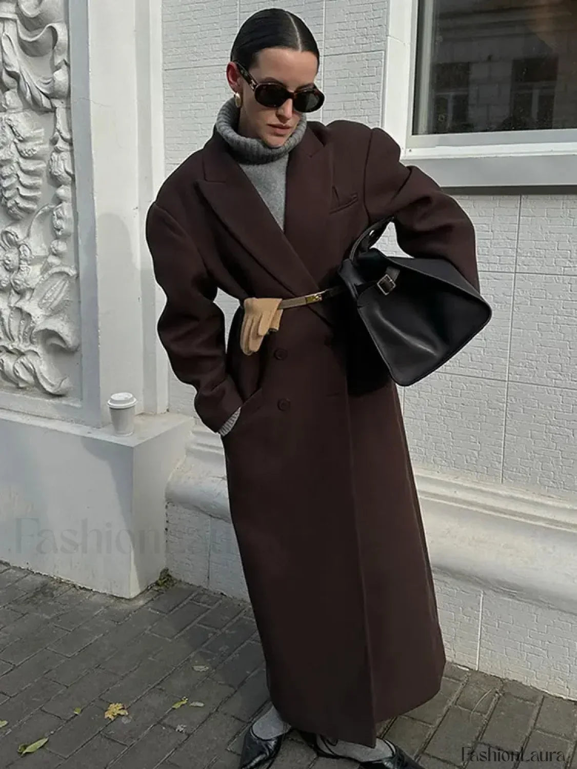 Flip Collar Double Breasted Pocket Woolen Coat Fashion Long Sleeved Overcoats