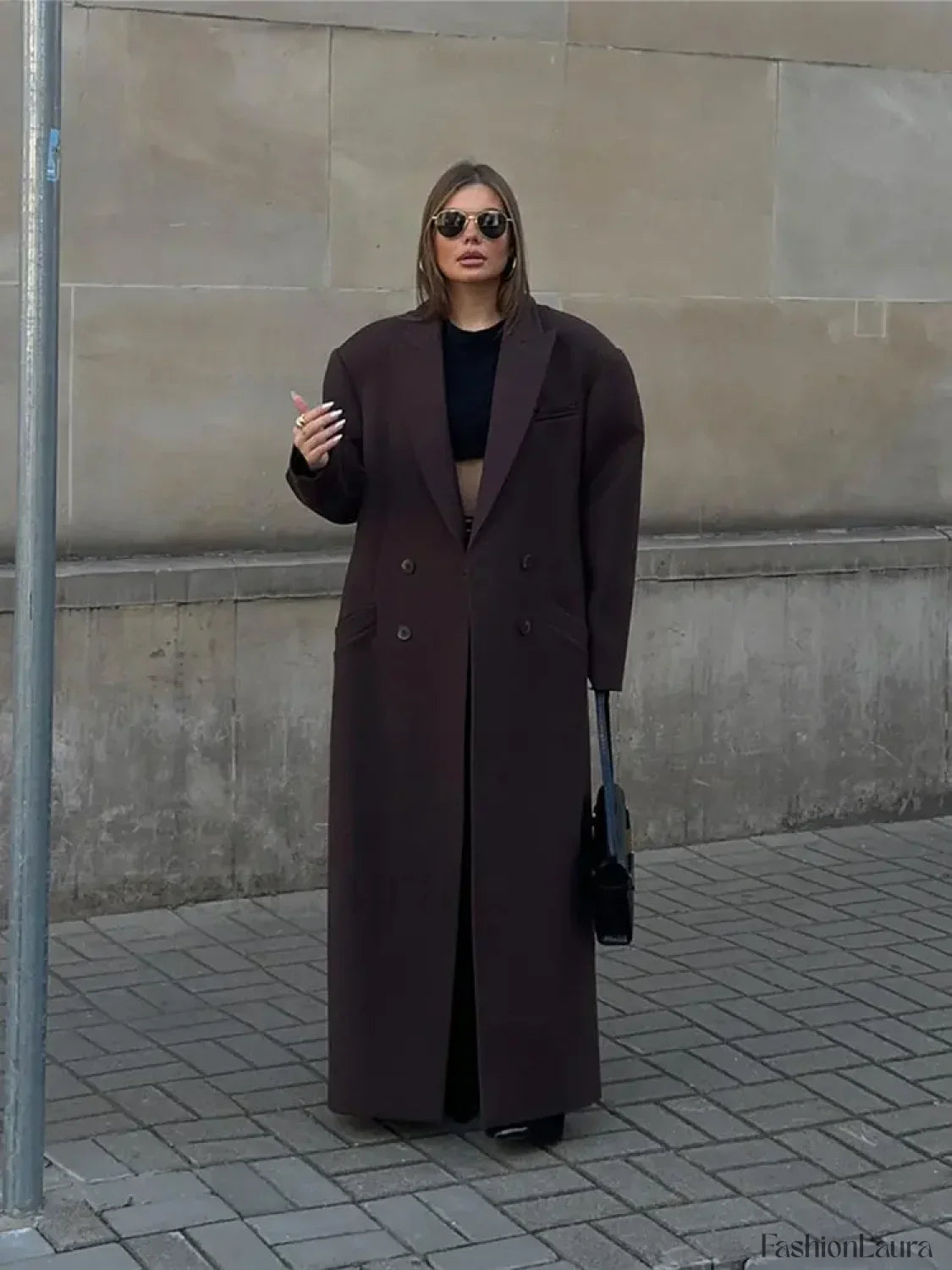 Flip Collar Double Breasted Pocket Woolen Coat Fashion Long Sleeved Overcoats