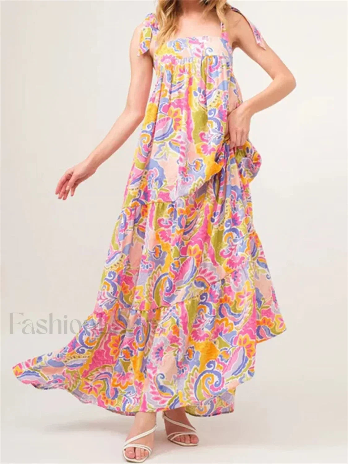 Floral Backless Tie Strap Maxi Dress pink / S