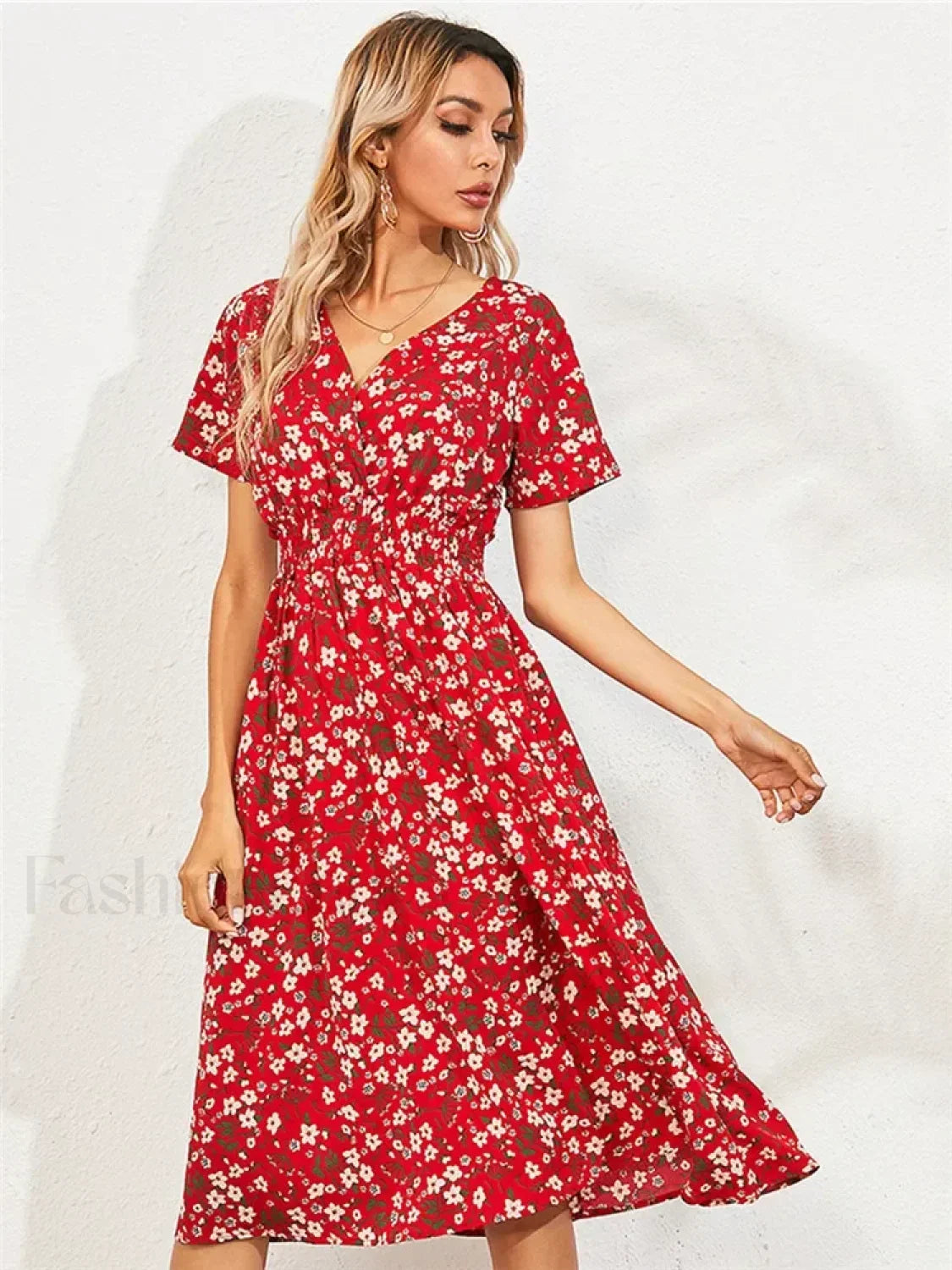 Floral Chic Short Sleeve Women’s Fashionable Long Midi Dress RED / S