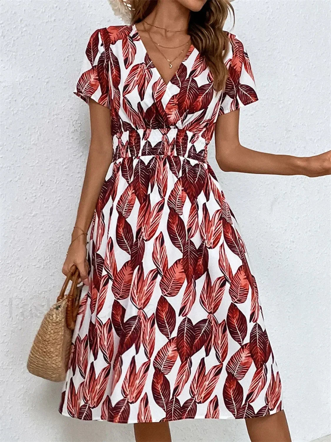 Floral Chic Summer Short Sleeve Fashionable Midi Dress Wine Red / S