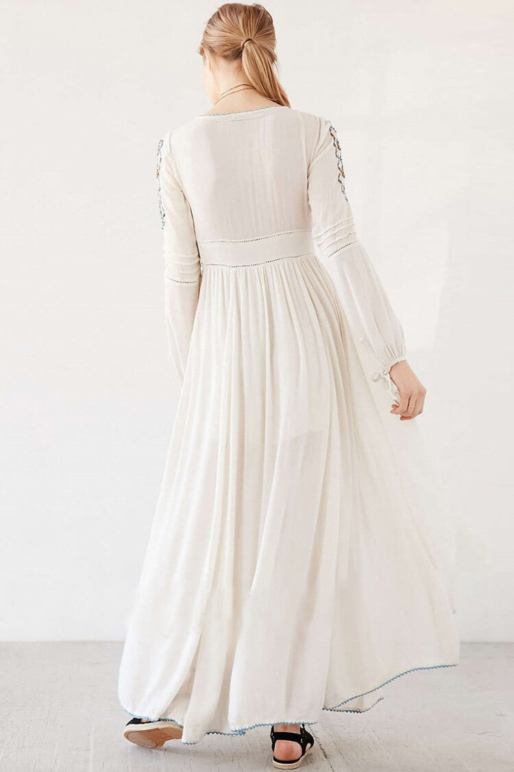 Floral Embroidered Long Sleeve Boho Chic Maxi Dress - White