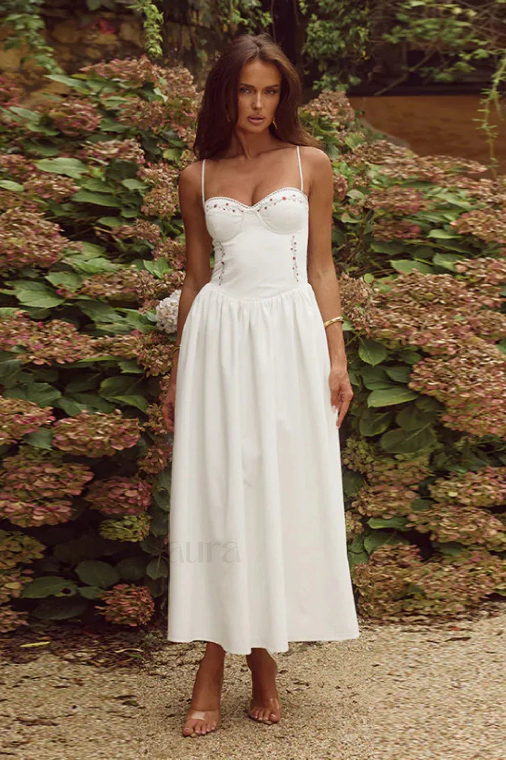 Floral Embroidered Waist A-Line Strappy Maxi Dress