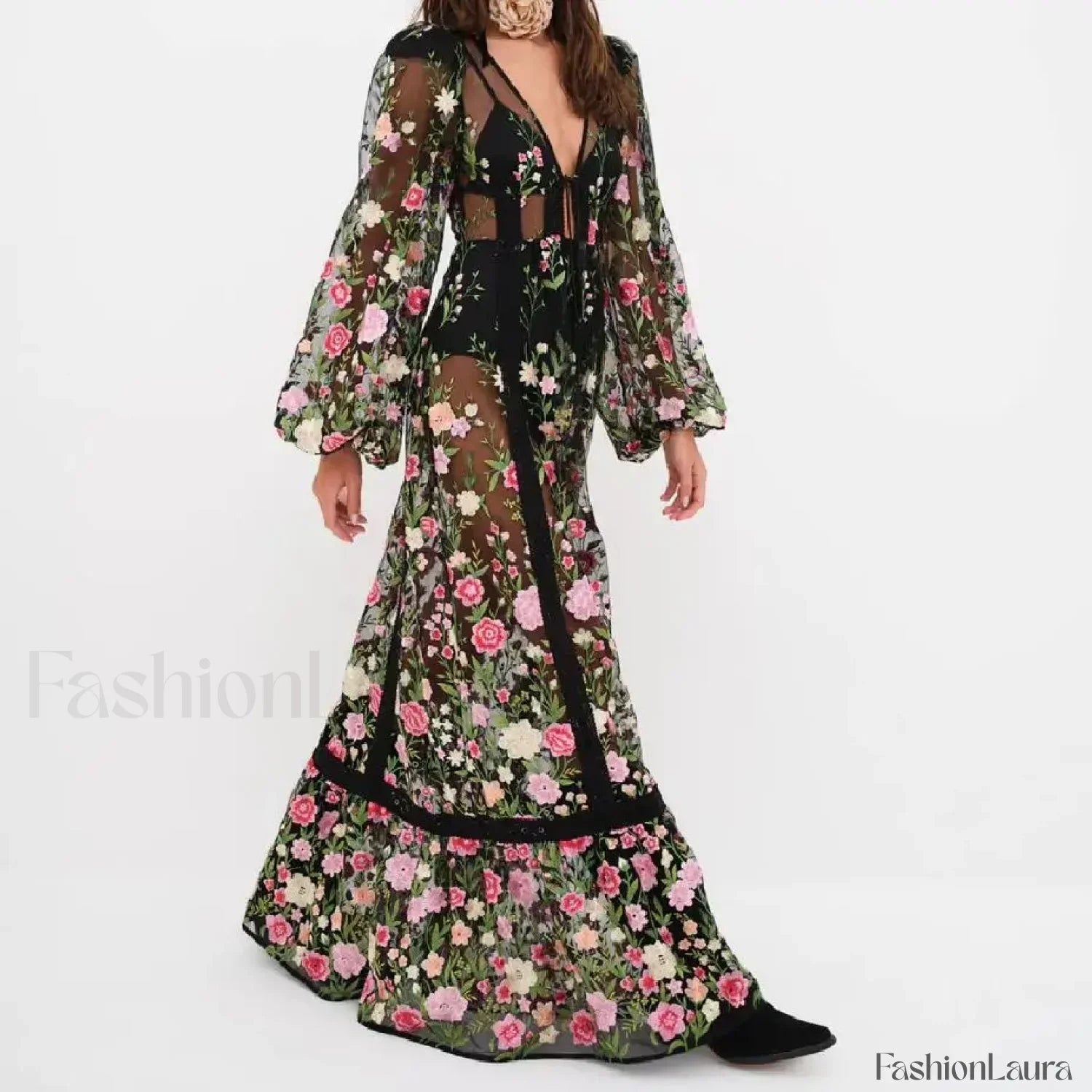 Floral Embroidery Mesh Beach Cover Up