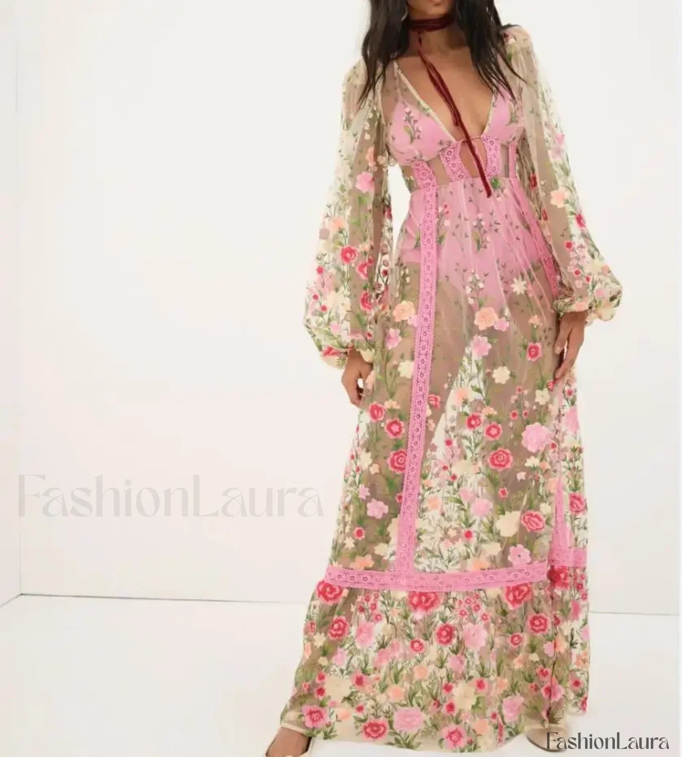 Floral Embroidery Mesh Beach Cover Up