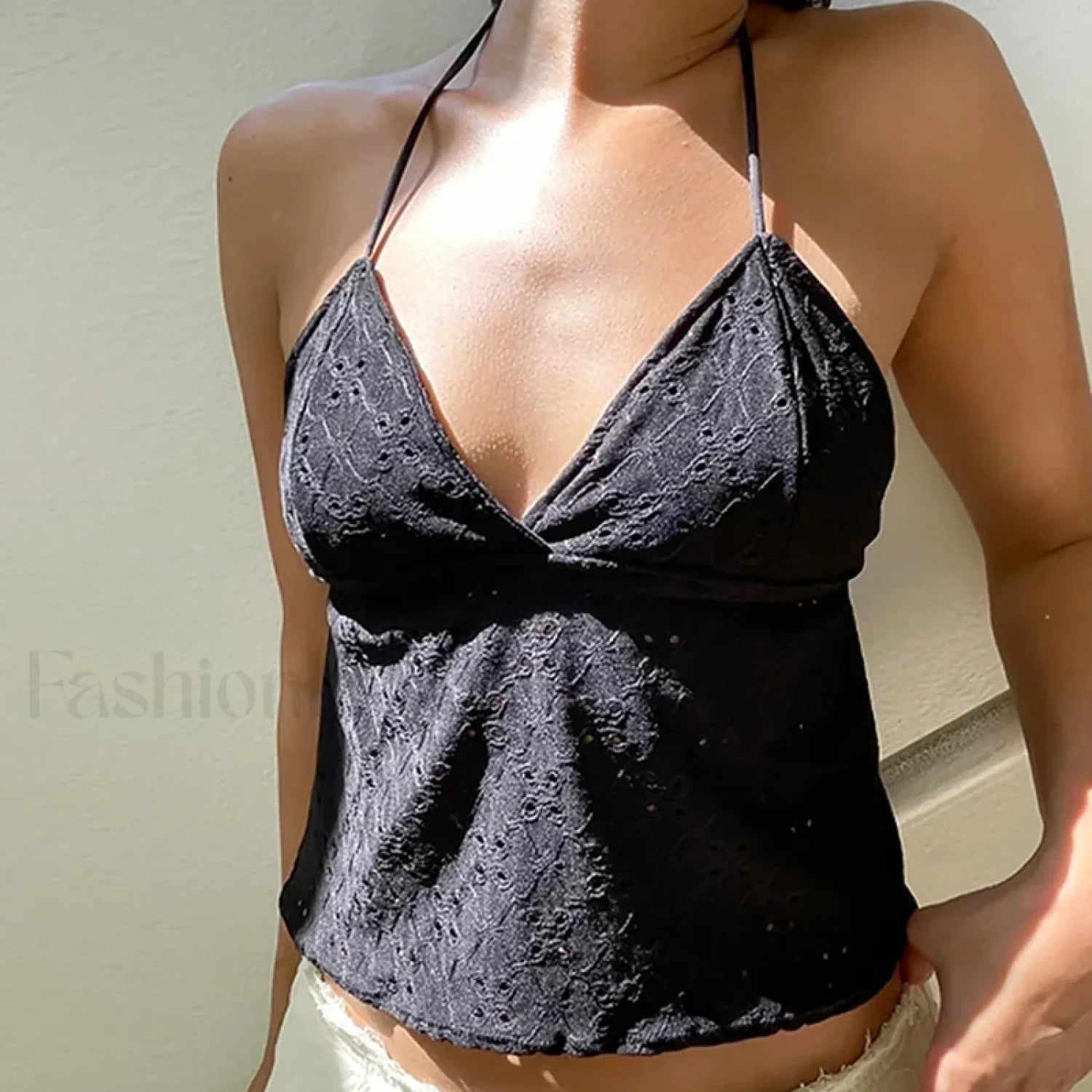 Floral Eyelet Cottage Crop Top BLACK / S