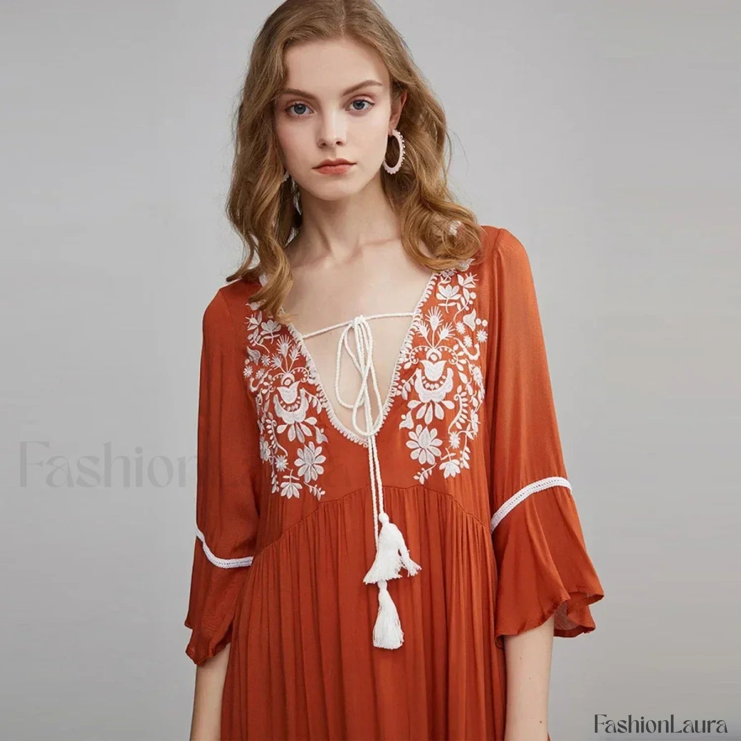 Floral Flare-Sleeve Boho Dress