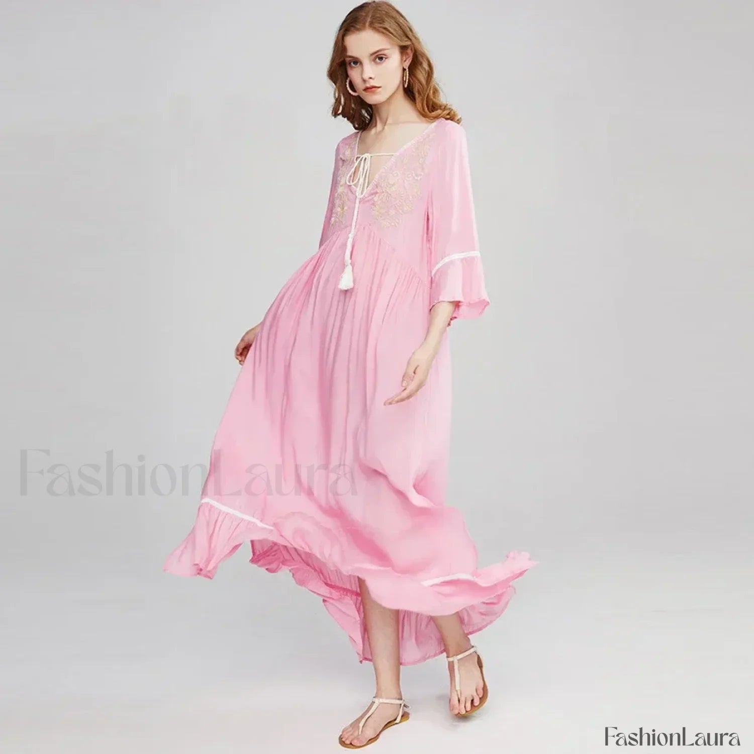 Floral Flare-Sleeve Boho Dress