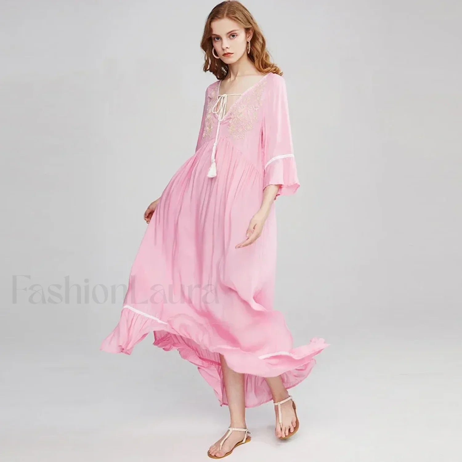 Floral Flare Sleeve Boho Dress Pink / S