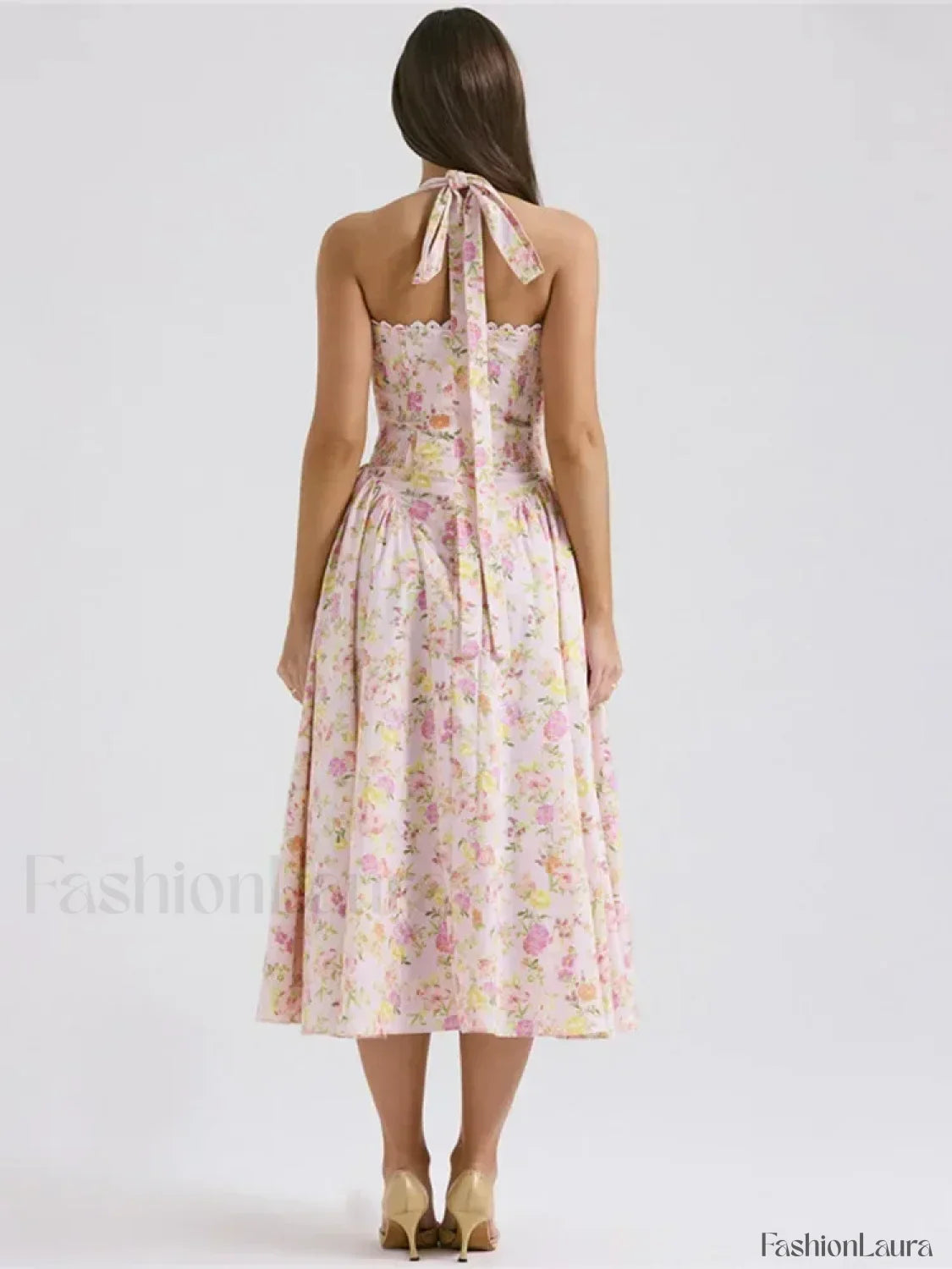 Floral Halter Backless Midi Dress