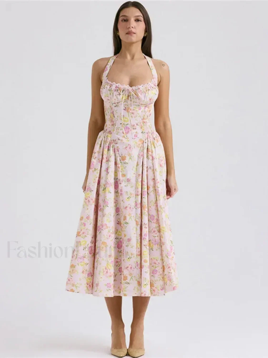 Floral Halter Backless Midi Dress