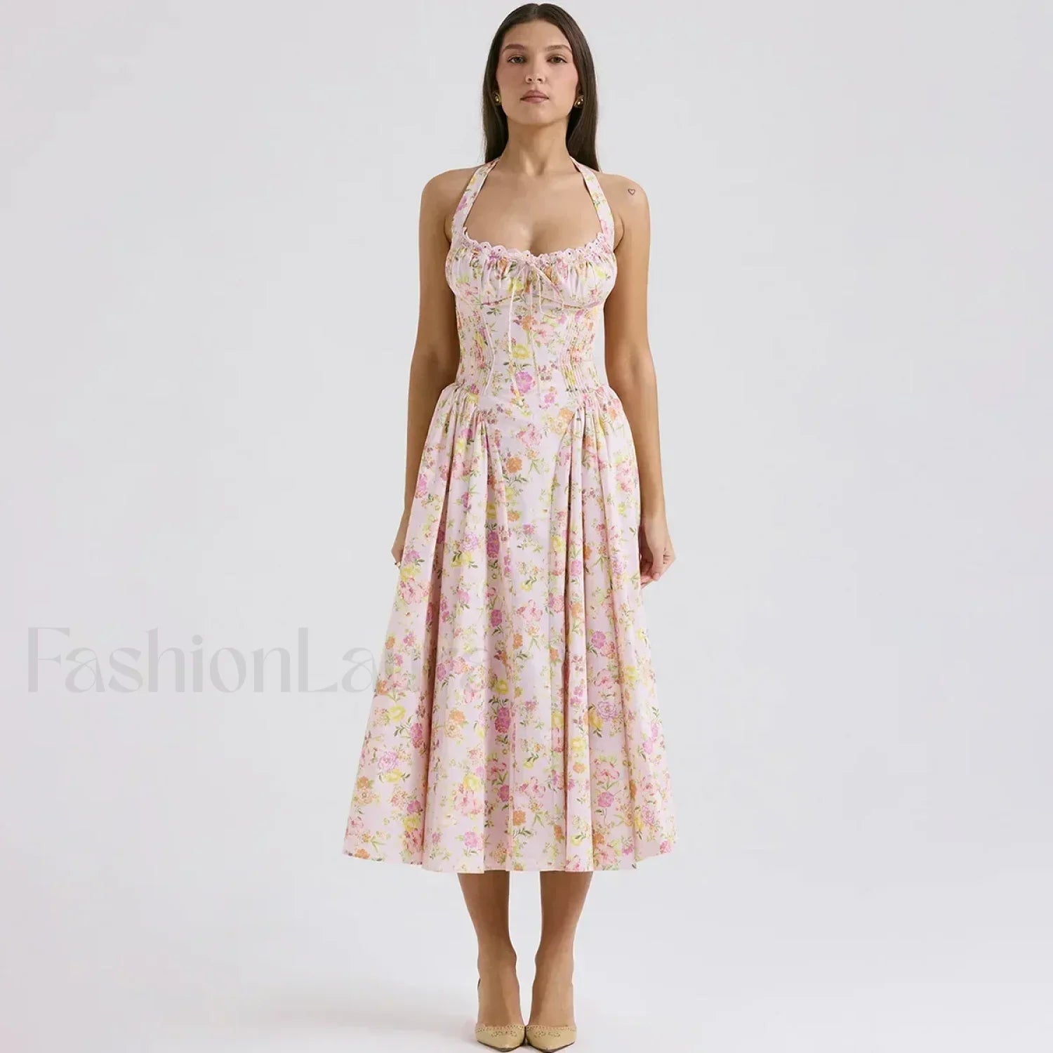 Floral Halter Backless Midi Dress