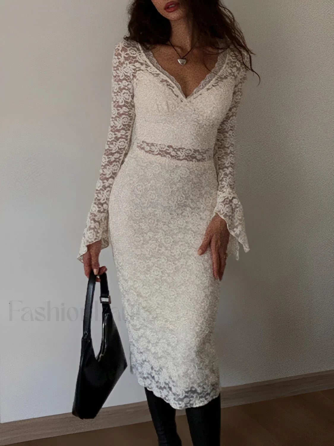 Floral Lace Long Trendy Sleeve Plunge Midi Dress