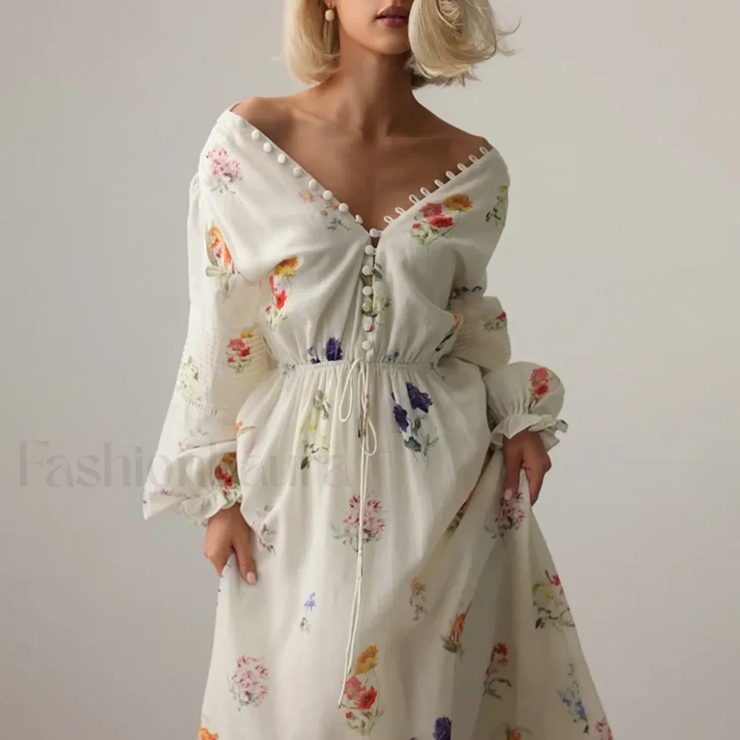 Floral Lantern-Sleeve Boho Dress