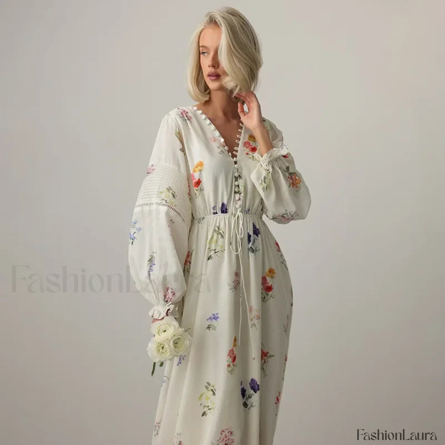 Floral Lantern-Sleeve Boho Dress