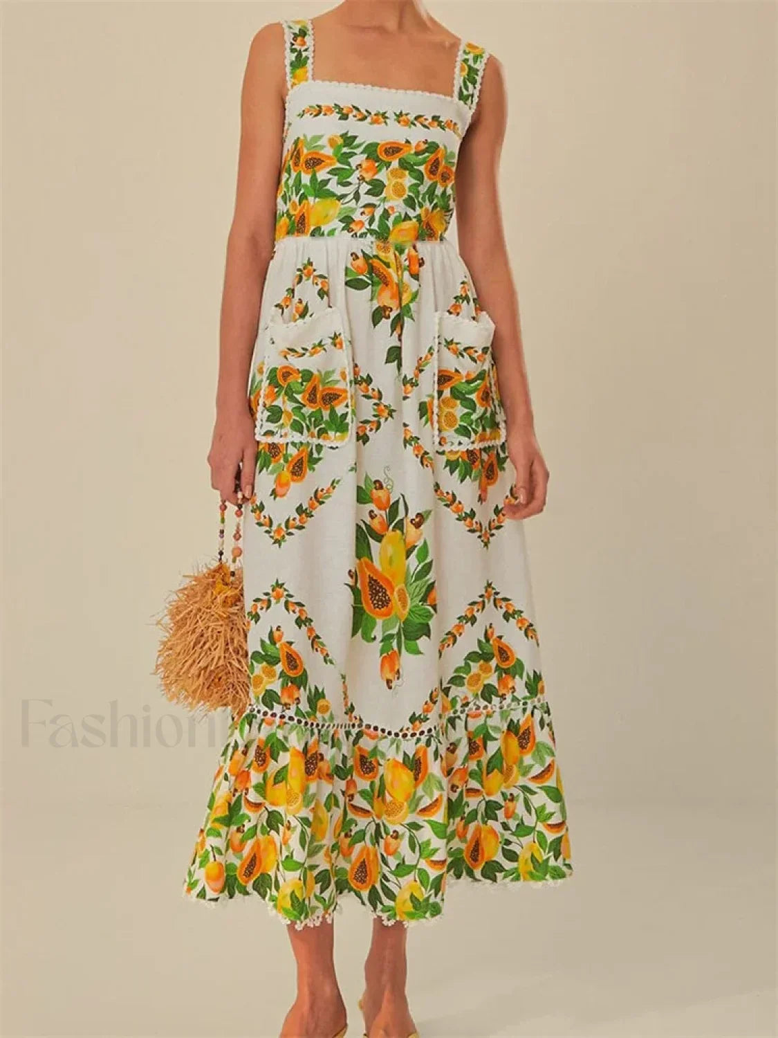 Floral Pocket Square Neck Maxi Dress