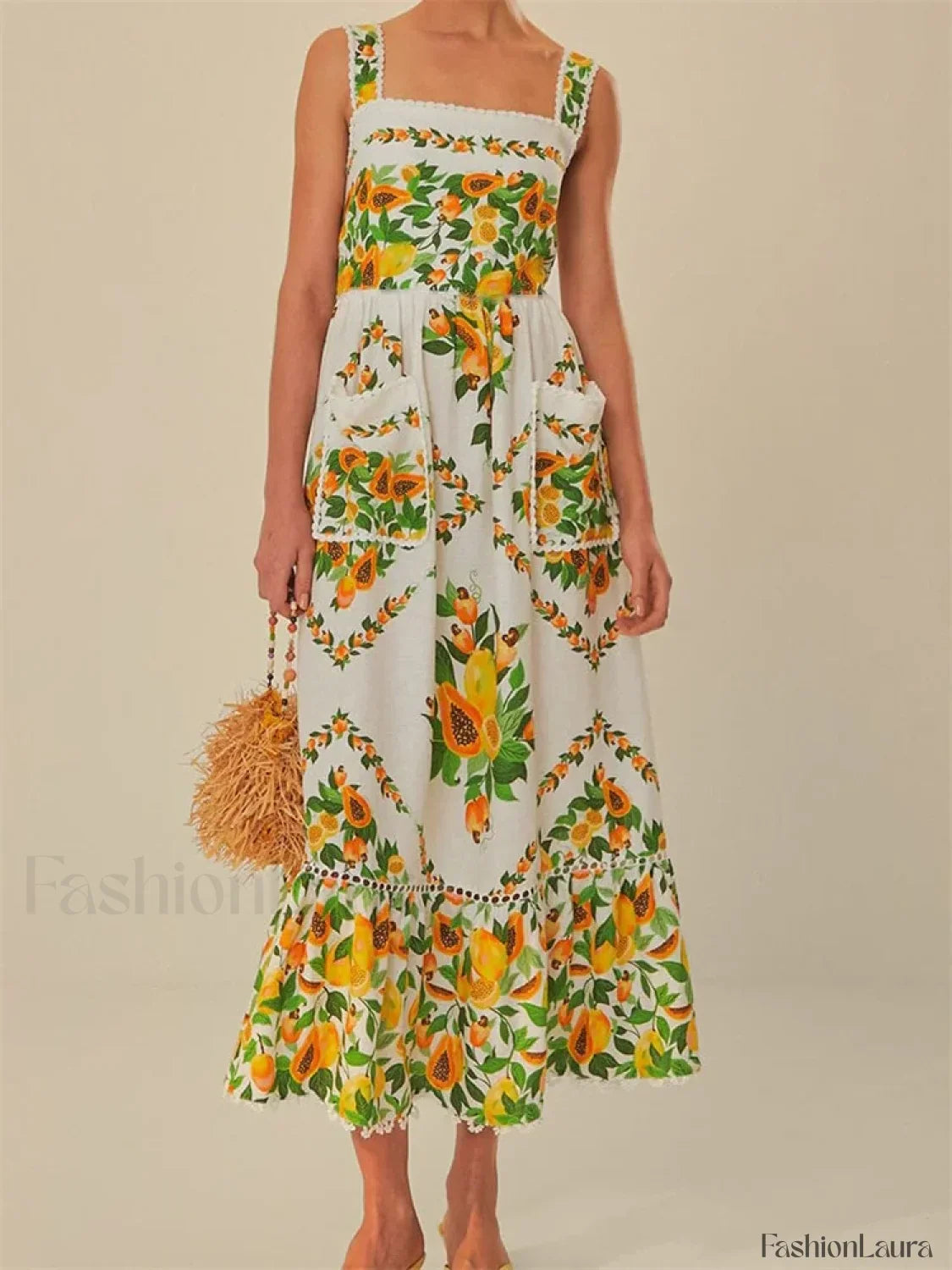 Floral Pocket Square Neck Maxi Dress